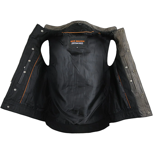 Brown Cowhide Biker Vest with Black Hardware Inside View