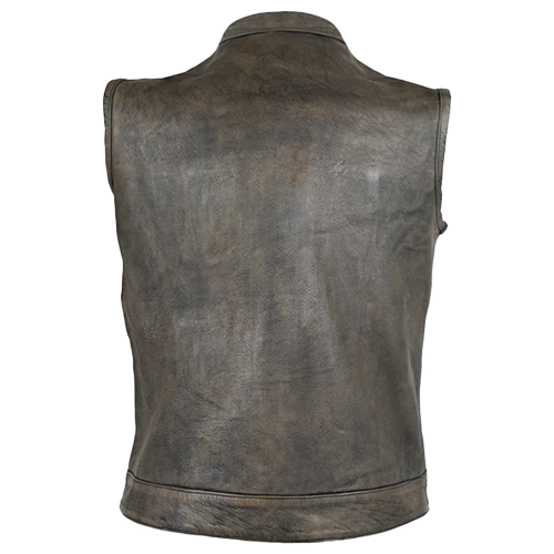 Brown Cowhide Biker Vest with Black Hardware Back View