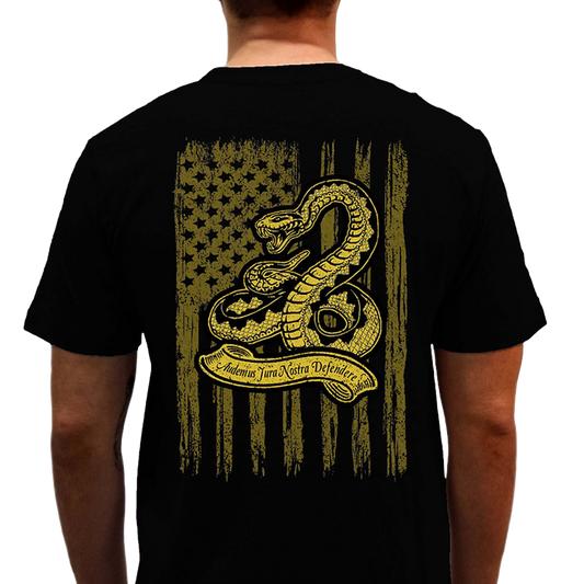Black Crew Neck Gadsden Tee With We Defend Our Rights Graphic Back View