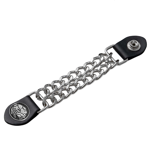 A vest extender with chrome chain links, black faux leather accents, and an Indian head medallion.
