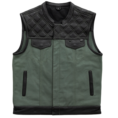 Men's Leather & Canvas Vest in green and black with quilted cowhide leather shoulders, club-style collar, covered snaps, and multiple pockets.
