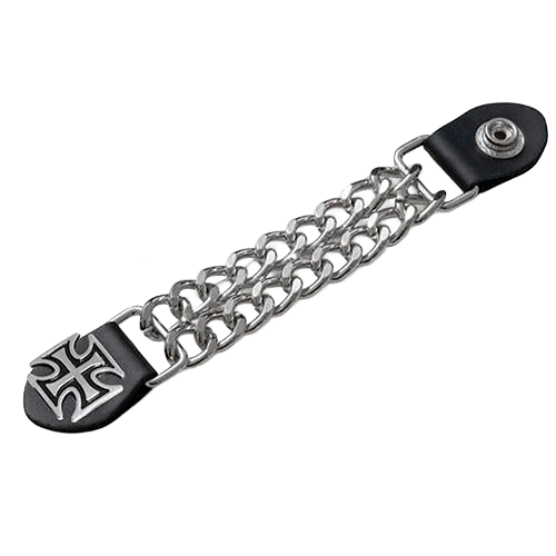 A Maltese Cross Vest Extender made of chrome chains and black faux leather with a Maltese Cross emblem.