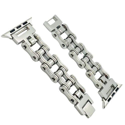 Stainless Steel Apple Watch Band – Silver Tone Biker Design