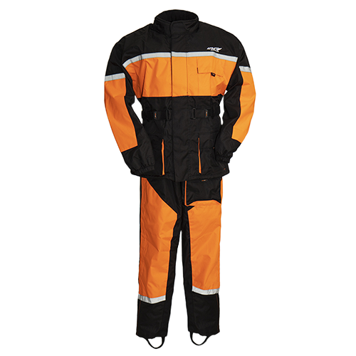 Men's rain suit in black and orange with reflective strips, including a jacket and pants, designed for visibility and waterproofing for motorcycle riding.