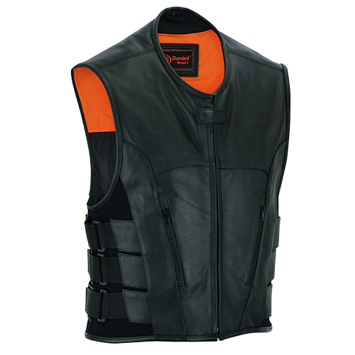 Men's SWAT team style black leather biker vest with orange lining and adjustable side straps.