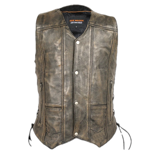 Men's brown leather vest with multiple pockets and snap closures, designed for comfort and style.