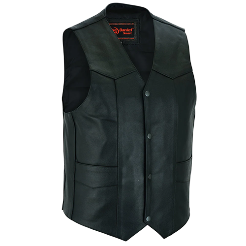 Menβs Black Traditional Leather Vest With Single Back Panel