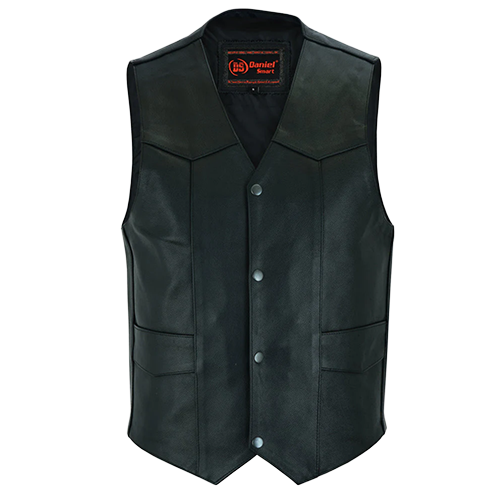 Menβs Black Traditional Leather Vest With Single Back Panel