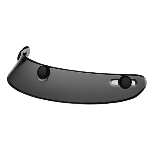 A tinted, mini scoop visor designed for attachment to a motorcycle helmet, in a smoke gray color.