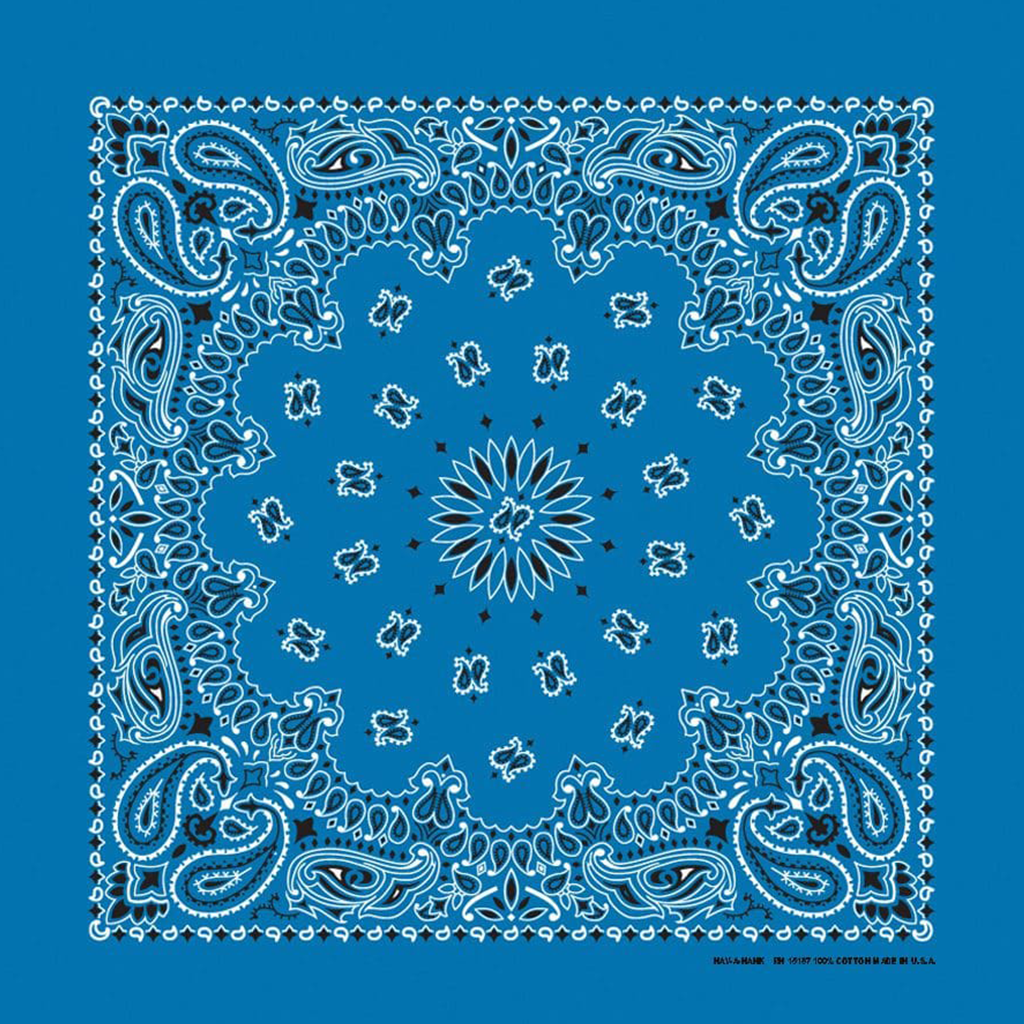 A blue paisley bandana with white patterned details, displayed flat.