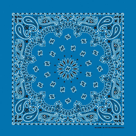 A blue paisley bandana with white patterned details, displayed flat.