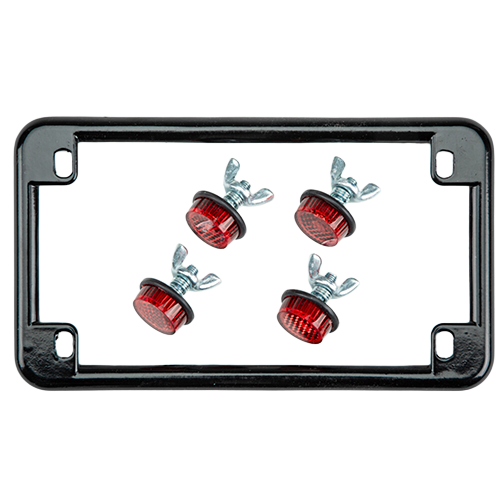 Black motorcycle license plate frame with red reflectors.