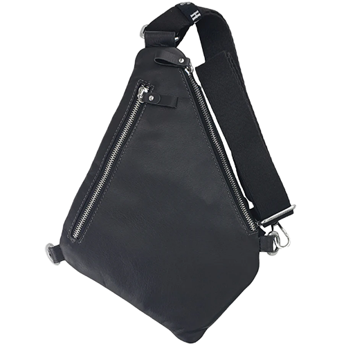 Black sling bag with zippers on the back side.