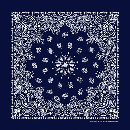 A navy blue bandana with a paisley pattern.