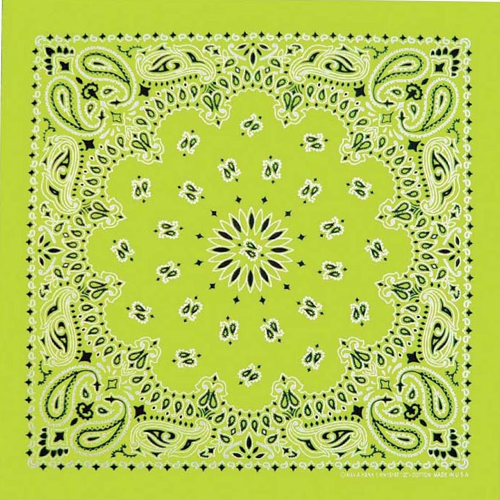 A bright neon lime green bandana with paisley patterns.