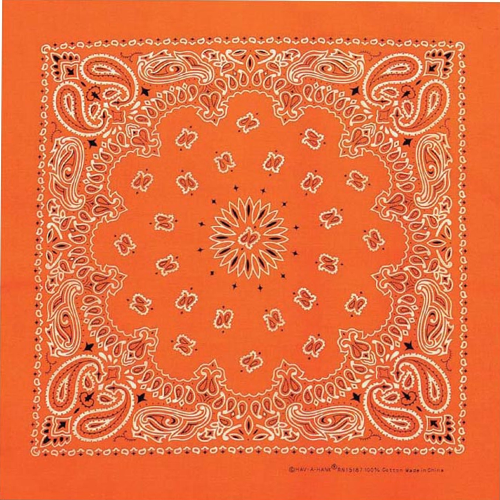 A neon orange paisley bandana with rolled-hem edges displayed flat.