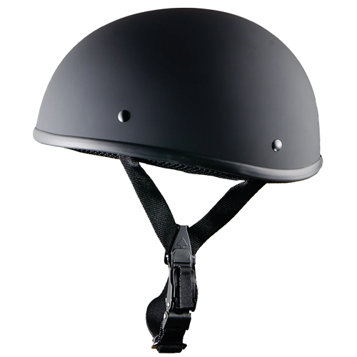 Flat black beanie helmet with no peak, featuring a chin strap and designed to sit low on the head.