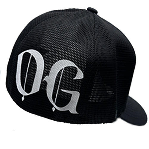 Black FlexFit Biker Hat With White Print