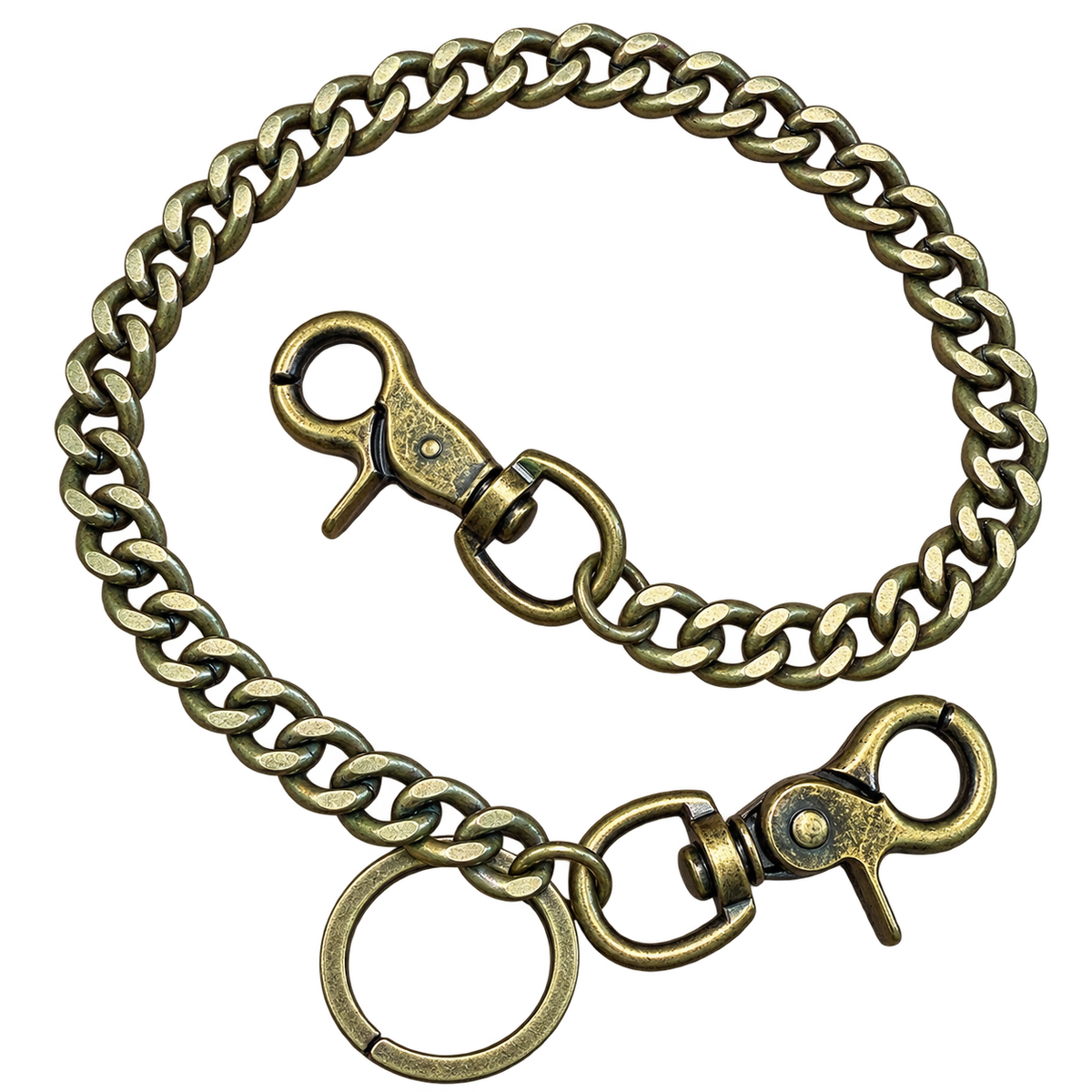 An antique bronze-toned metal wallet chain accessory with lobster clasp ends and a split key ring