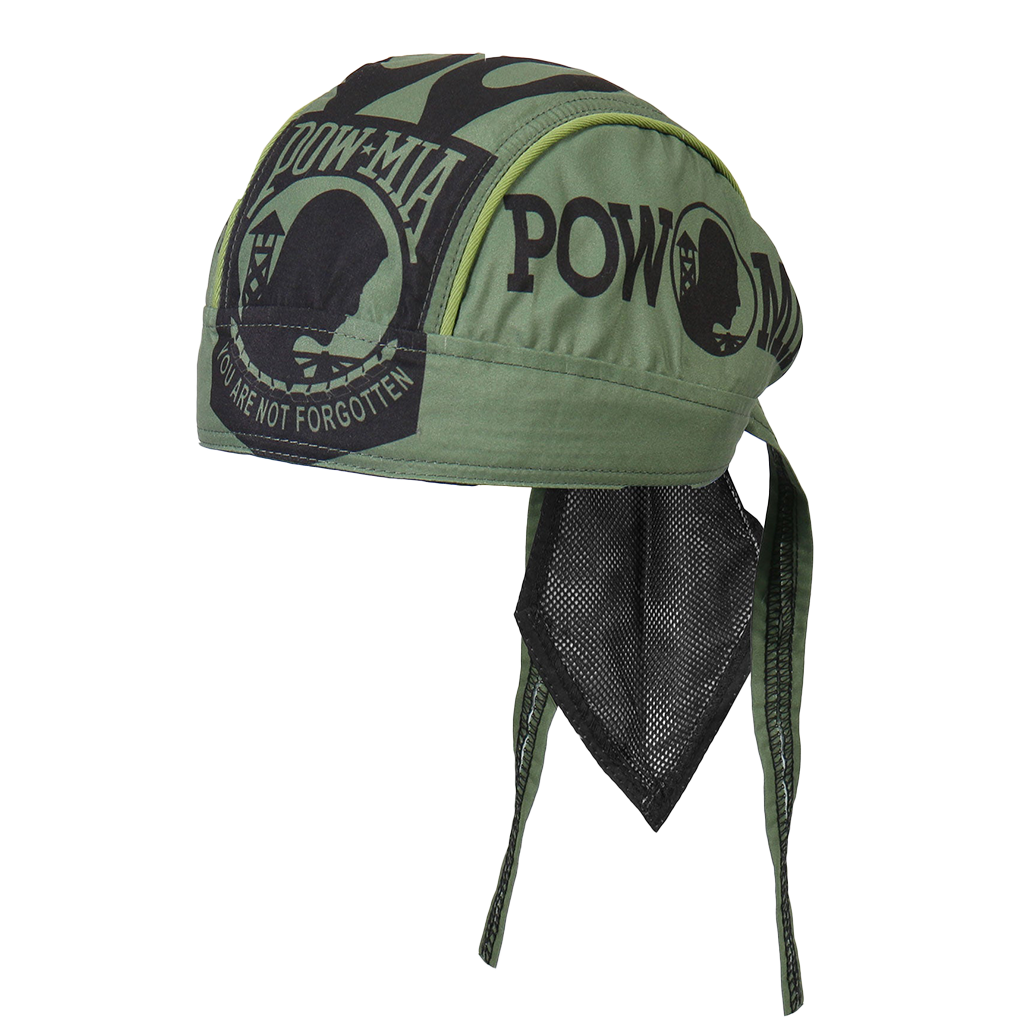 A green headwrap with the POW★MIA design, featuring a sewn-in sweatband and mesh lining.