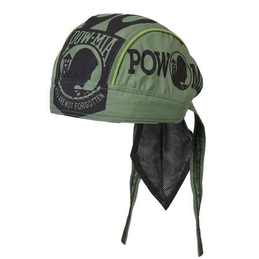 A green headwrap with the POW★MIA design, featuring a sewn-in sweatband and mesh lining.