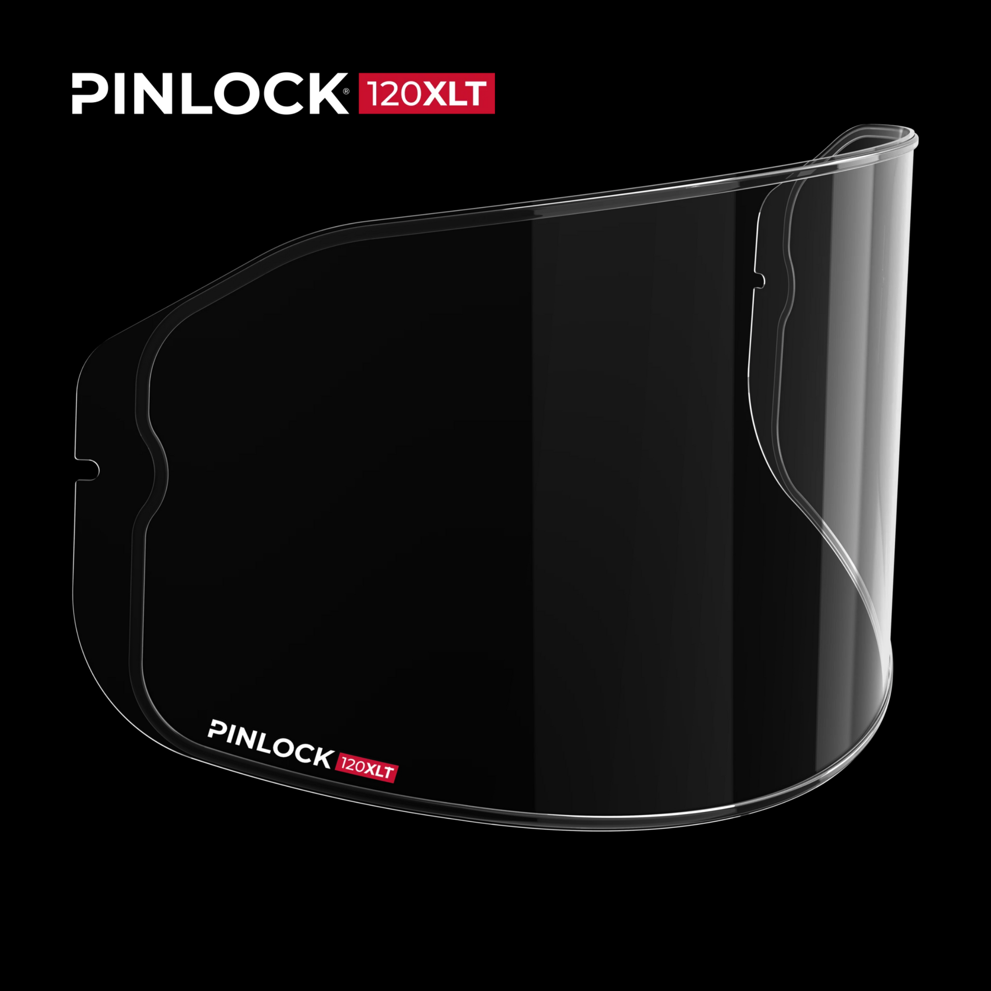 Clear motorcycle helmet lens with anti-fog coating labeled Pinlock 120XLT.