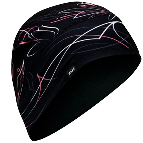 Black beanie with pink and white abstract patterns on a white background