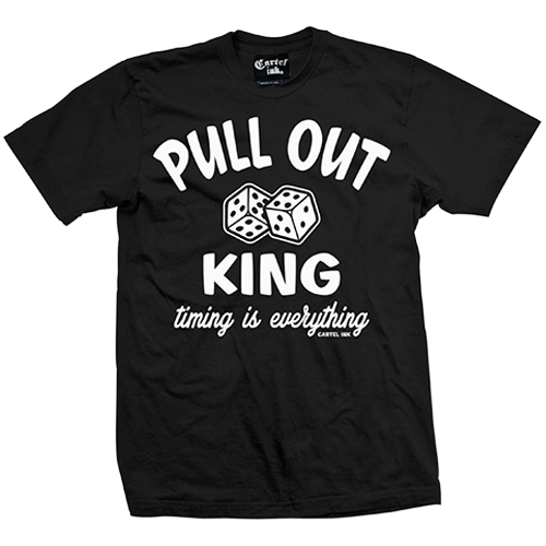 Black t-shirt with white text and dice graphics