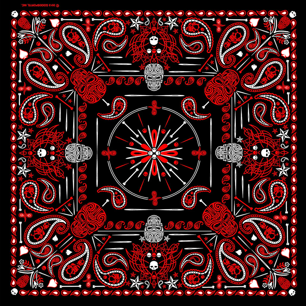 A bandana featuring a geometric pattern with red paisley and skulls against a black background.
