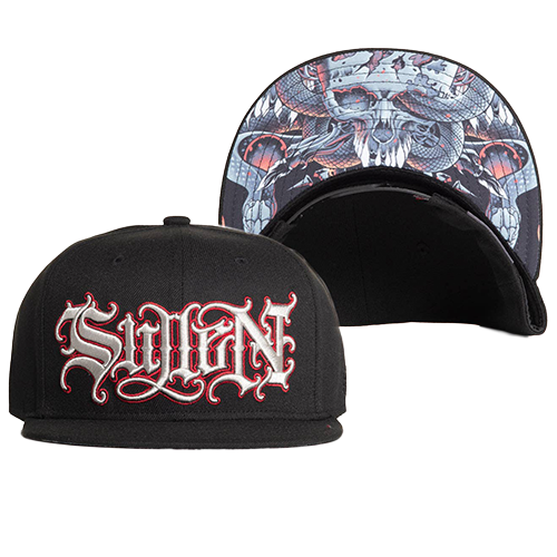 A black snapback cap with silver and red embroidered letters on the front and a printed artwork underside the brim, part of the Artist Series.