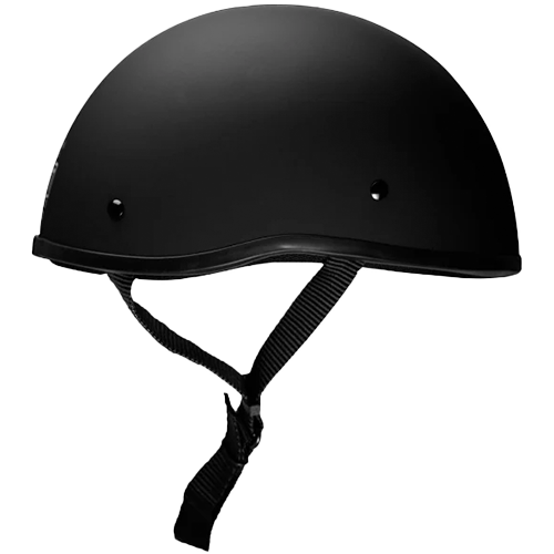 A flat black beanie helmet with an ear peak and quick release straps, designed for motorcycle riders.