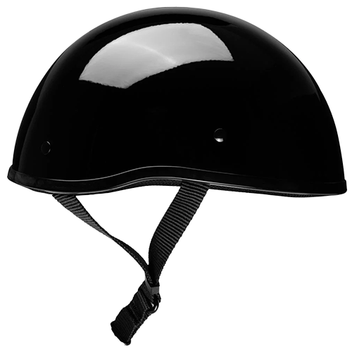 A gloss black beanie helmet with quick-release straps.