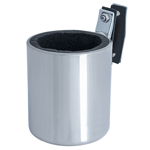 Metal cup holder with black foam padding.