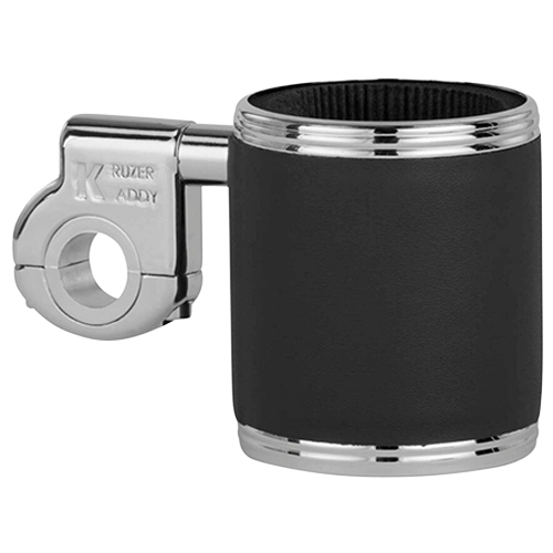 Black leather wrapped drink holder with stainless steel construction, designed to attach to handlebars.