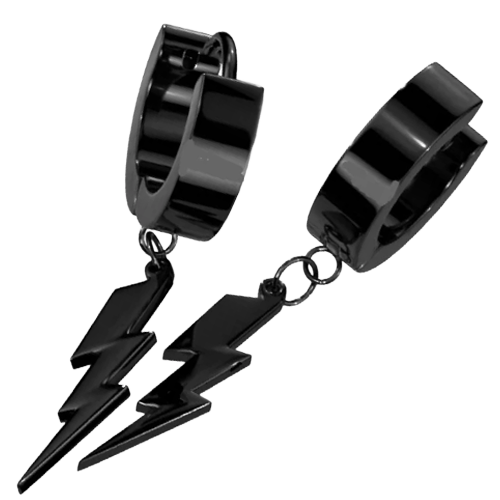 A pair of black hoop earrings with a lightning bolt charm attached.