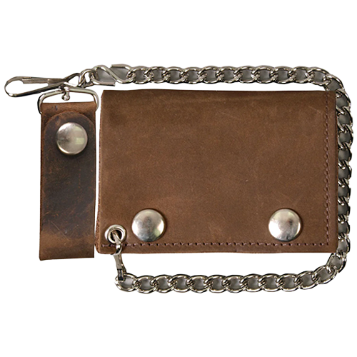 Distressed Brown 4" Tri-Fold Leather Wallet with Chain