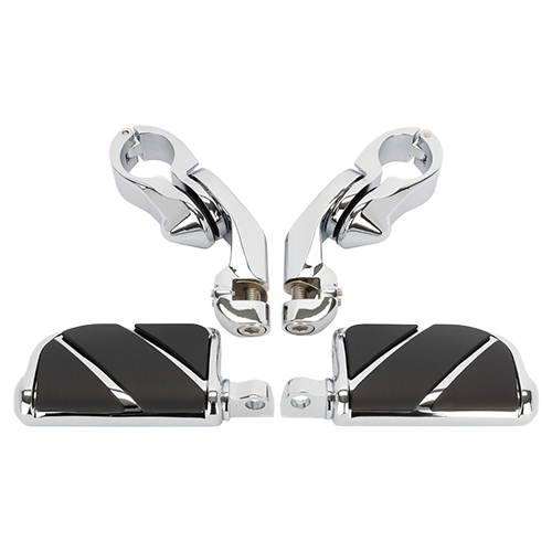 Chrome-plated adjustable motorcycle foot pegs with clamps, designed for mounting on a motorcycle's frame.