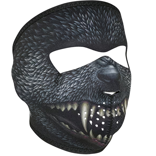 Black face mask with a detailed wolf-man design