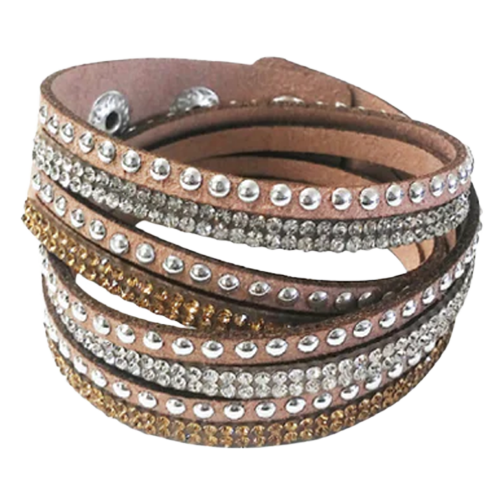 Silver Stud And Bling Brown Faux Suede Bracelet Close-Up