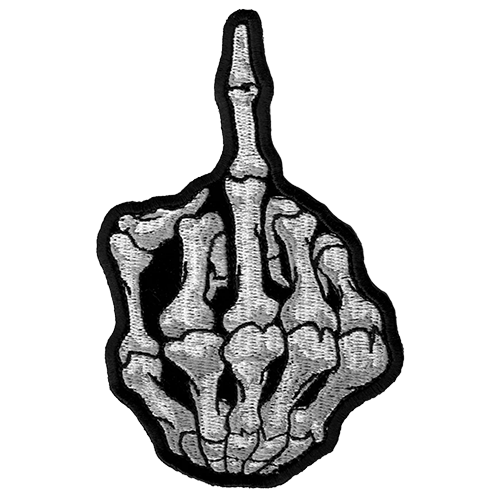 Skeleton hand middle finger motorcycle patch in black and gray embroidered design