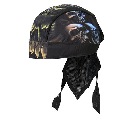 A black headwrap with a vivid skull design, featuring a mesh lining and Sewn-In Sweatband.