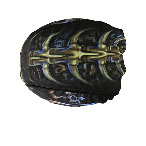 Black skull cap with gold and blue skeleton design.