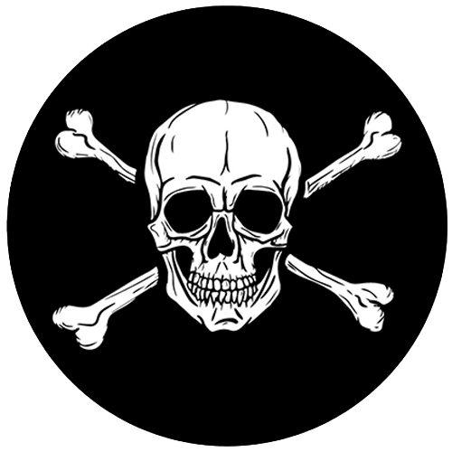 Black and white circular skull and crossbones helmet sticker measuring 2.5 inches by 2.5 inches.