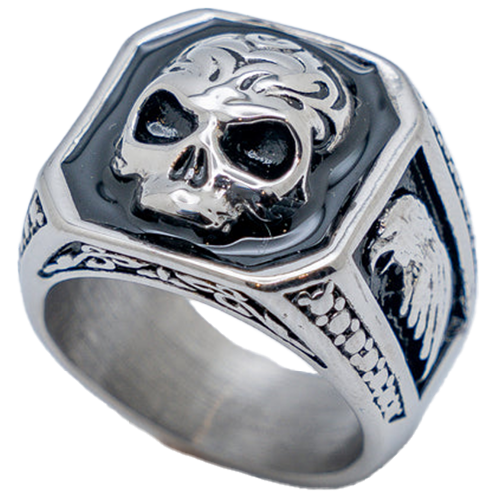 A stainless steel ring with a square top design featuring a skull in black contrast and eagle side details.