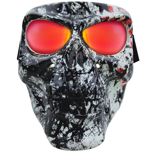 A full-face skull mask with a star pattern and red coating on the lenses