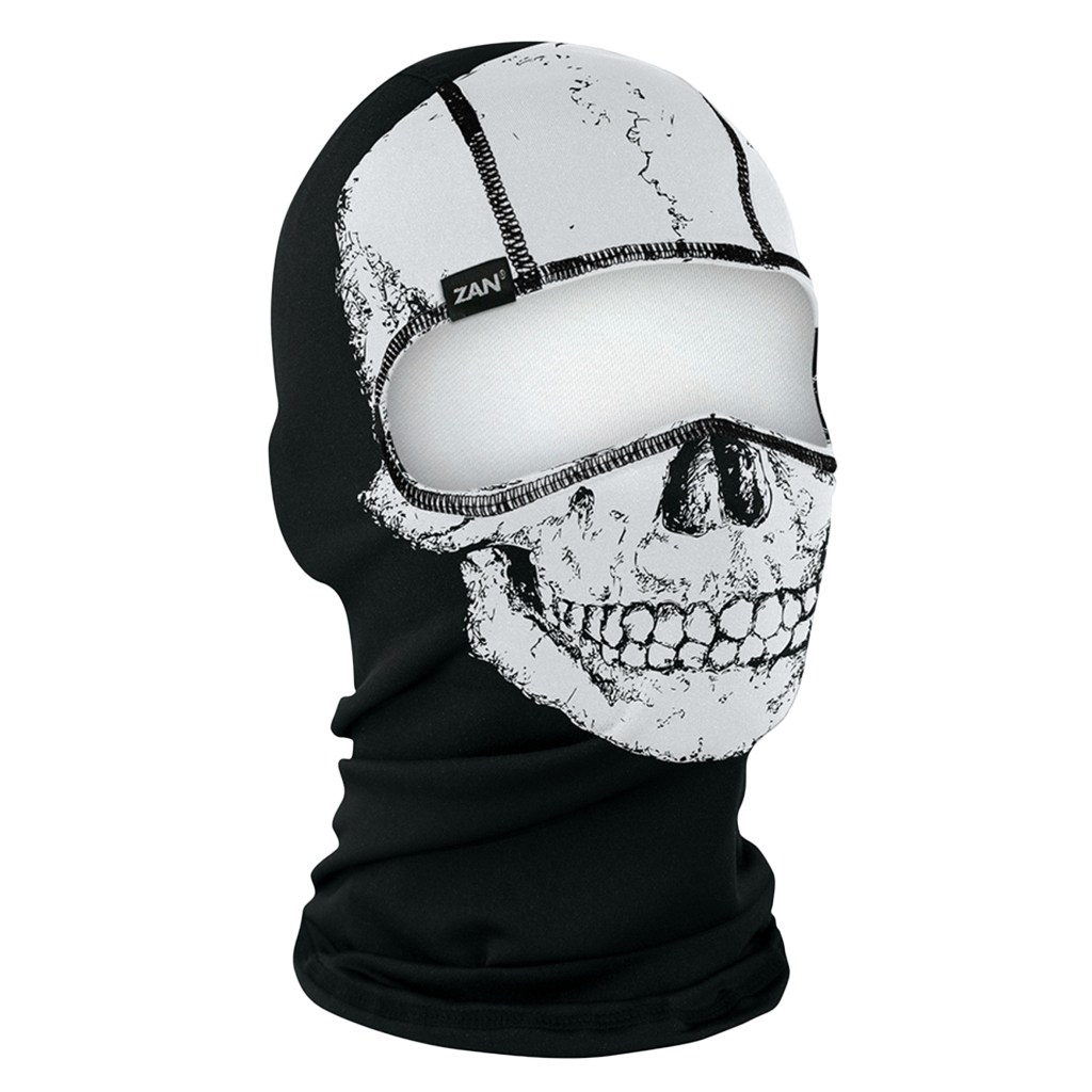 A black polyester balaclava featuring a bold white skull design, with a contoured fit and full coverage for the head, neck, and face.