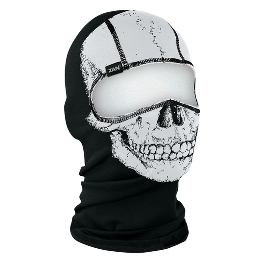 A black polyester balaclava featuring a bold white skull design, with a contoured fit and full coverage for the head, neck, and face.