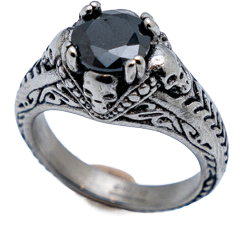A stainless steel ring with a black cubic zirconia center stone and skull motifs on the band.