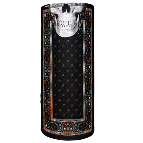 A tube-shaped headgear with a black and orange bandanna design featuring a central skull motif and paisley patterns around the border.