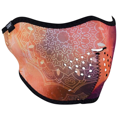 Mandala-patterned face mask with orange and purple colors on a white background